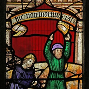 Window s2 depicting the Noahs Ark story: Noahs drunkenness (stained glass)