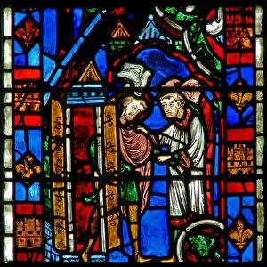 Window w51 depicting St Sever: as he is elected bishop a dove settles on his head