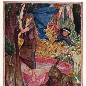 The Witch gets Pulga down from the tree (colour litho)