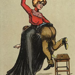 Woman beating her husband with a shoe (colour litho)