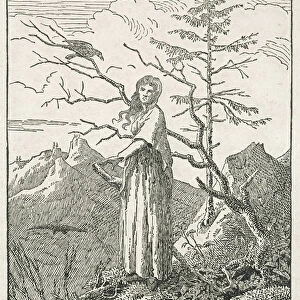 Woman with a Raven, on the Edge of a Precipice (woodcut)