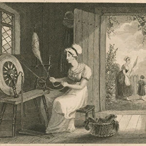 Woman spinning flax (engraving)