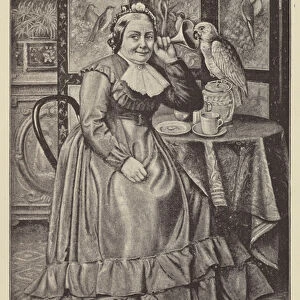 Woman using an ear trumpet to hear her pet talking parrot (litho)