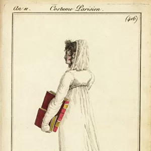Woman in white dress with veil over half her hair, Paris, 1802. (engraving)