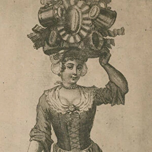 A women carrying a variety of metal objects on her head (engraving)
