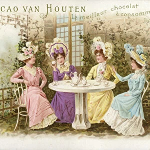 Women in garden, drinking chocolate (chromolitho)