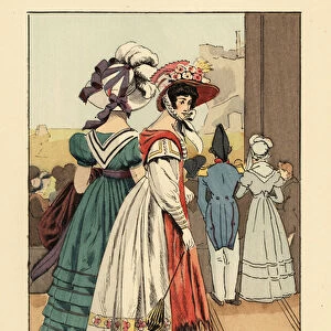 Women viewing the large cityscape inside the Boulogne Panorama, Boulevard Montmartre, Paris, 1824. Women in bonnets with feathers, dresses with apron, one with parasol