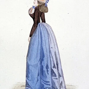 Womens fashion: Dress, September 1791. In "Costumes of the time of the Revolution 1790-1793". Colourful waters of Mr. Guillaumot Jr. 1876