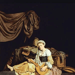 Young Woman Playing a Mandolin (oil on panel)