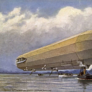 Zeppelin airship taking off from a lake (colour litho)