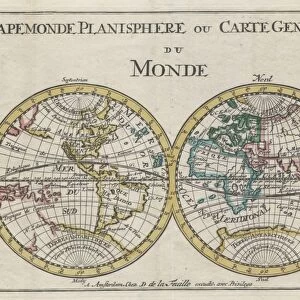 1706, de La Feuille Map of the World on Hemisphere Projection, topography, cartography