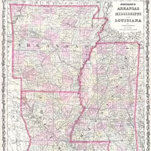 1861, Johnson Map of Mississippi, Louisiana and Arkansas, topography, cartography
