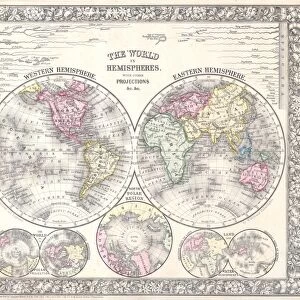 1864, Mitchell Map of the World on Hemisphere Projection, topography, cartography