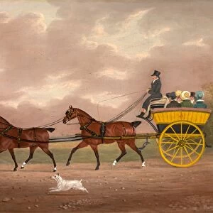 A Gentleman Driving Tandem to a Jaunting Car Going to Church: a coach and four driving