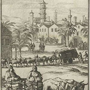 Oxen pulling carts laden with goods and people, in the background an Indian city