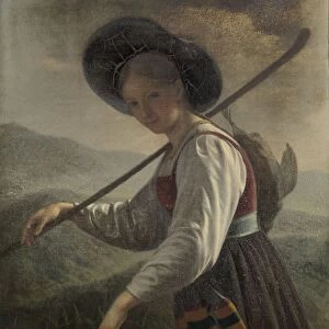 Swiss Peasant Woman Young woman hunting dog walking