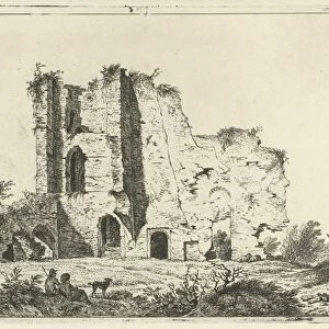 View of ruins, in the shadows are a man and a woman with a dog in the grass, a person