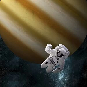 An astronaut floating in space in front of a Jupiter-like planet