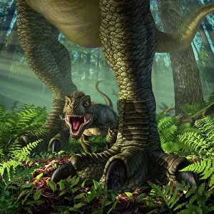 A baby Tyrannosaurus Rex roars while safely standing between its mothers legs