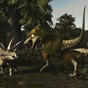 Bistahieversor attacking a pair of Pentaceratops