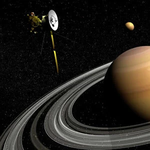 Cassini spacecraft orbiting Saturn and and its moon Titan