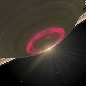 A cherry-red aurora hovering over Saturns south pole