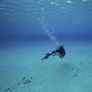 A diver on a scooter explores the clear blue waters of Toris Reef, Bonaire