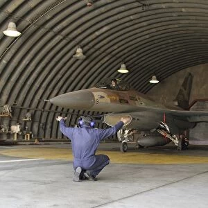 An F-16A Netz of the Israeli Air Force in its hardened aircraft shelter