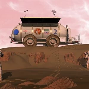 Illustration of astronauts examining an outcrop of sedimentary rock on a Martian