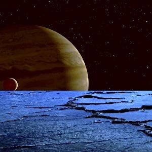 Jupiter and its moon Lo as seen from the frozen surface of Jupiters moon Europa