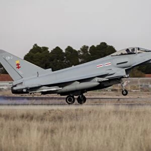A Royal Air Force Typhoon fighter plane landing in Albacete, Spain