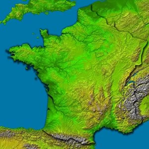 Topographic image of France showing shaded relief and colored height