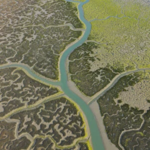 Aerial view river tributaries and saltmarshes of Bahia de Cadiz Natural Park, Huelva