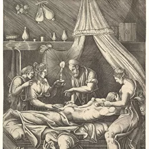 An allegory of sickness, man laying prostrate on a bed surrounded by figures, ca. 1540