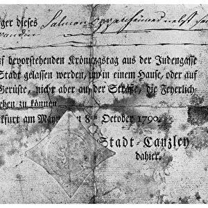 Anti-semitism: a pass issued to Jews at Frankfurt, 1790 (1956)