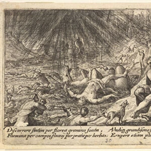The beginning of the Flood: men and women climb to higher ground at right