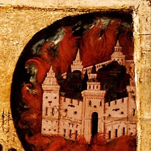 Blessed Be the Host of the King of Heaven (Detail: Fire in Kazan), 1550s. Artist: Athanasius, Metropolitan of Moscow (active Mid of 16th cen. )