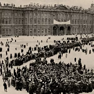 Demonstrators gather in front of the Winter Palace in Petrograd, 1917