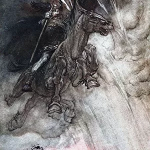 Furiously Wotan is riding to the rock. Illustration for The Rhinegold and The Valkyrie by Richard Artist: Rackham, Arthur (1867-1939)