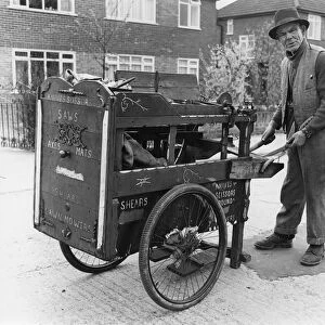 Gipsy knife-grinder with his handcart, Horley, Surrey, 1964