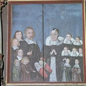 Norwegian painting showing a family with fourteen children, 17th century