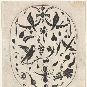 Oval Blackwork Print with Birds, Insects and Fruits, ca. 1620