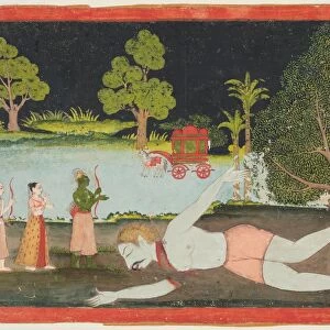 A page from a Ramayana: Rama, Lakshman and Sita before a slain giant, c. 1770. Creator: Unknown