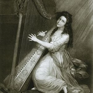 Pedal harp with hook action; coloured engraving from the end of the eighteenth century, 1948