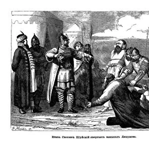 Prince Mikhail Vasiliyevich Skopin-Shuisky tearing to the deed of Prokopy Lyapunovs companions, 16 Artist: Molvo, R. (active 19th century)