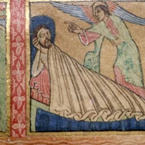 Detail of a Psalter, Angel Warns Joseph to fle to Egypt, c1140