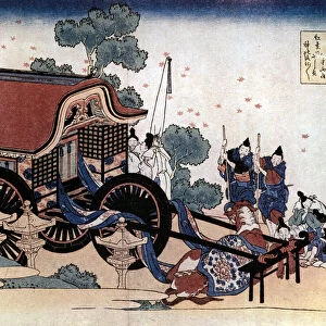 Pulling a three-wheeled carriage, Japanese woodcut, c1780-1849. Artist: Hokusai
