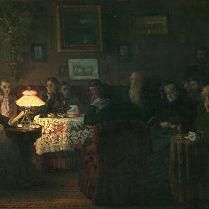 The reading of the novella The Kreutzer Sonata at the Leo Tolstoy House, 1889. Artist: Myasoedov, Grigori Grigoryevich (1834-1911)