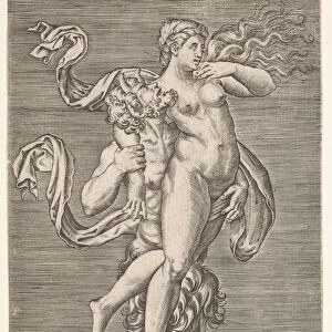Satyr carrying a nymph, whose right arm is wrapped around the satyrs neck, with a