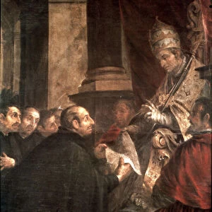 St. Ignatius of Loyola at the feet of Pope Paul III, in the event of the approval